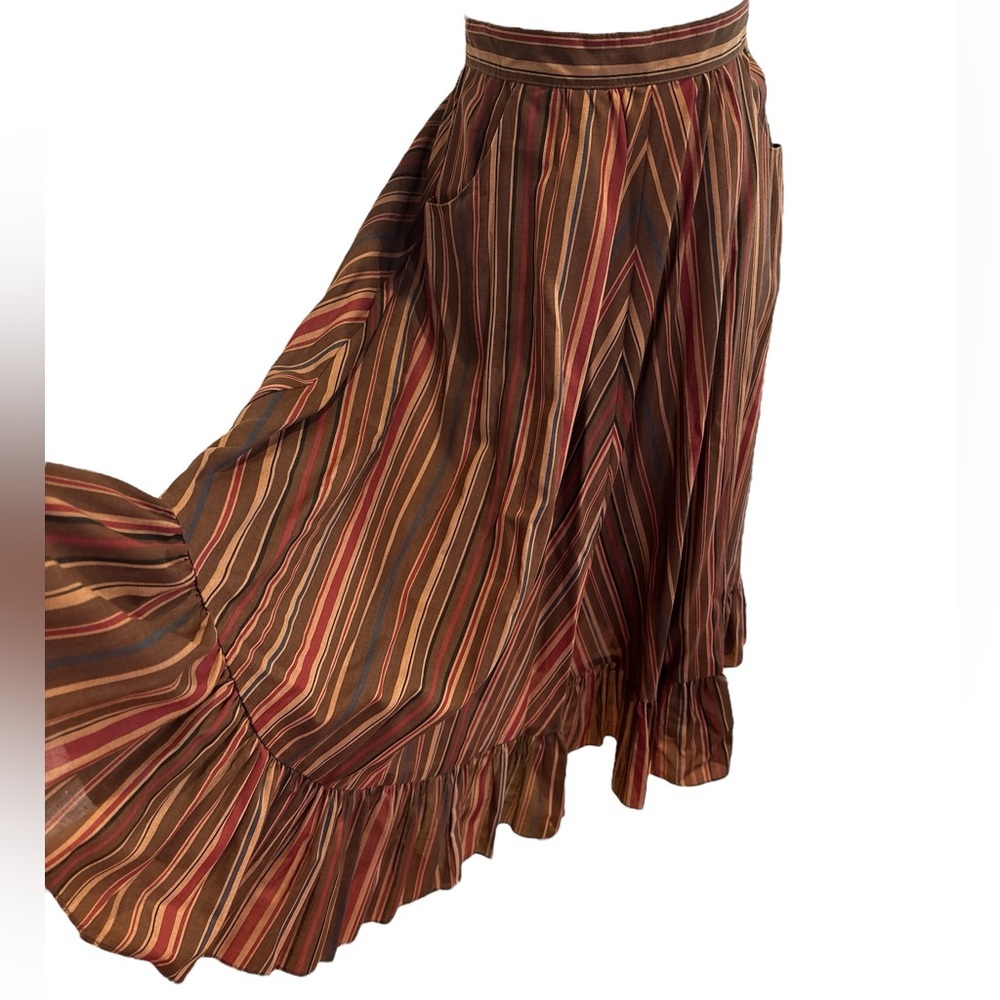 NWOT 70s PBJ BOHO RETRO BROWN & BURGUNDY STRIPED TIERED RUFFLED MIDI SKIRT SZ 9